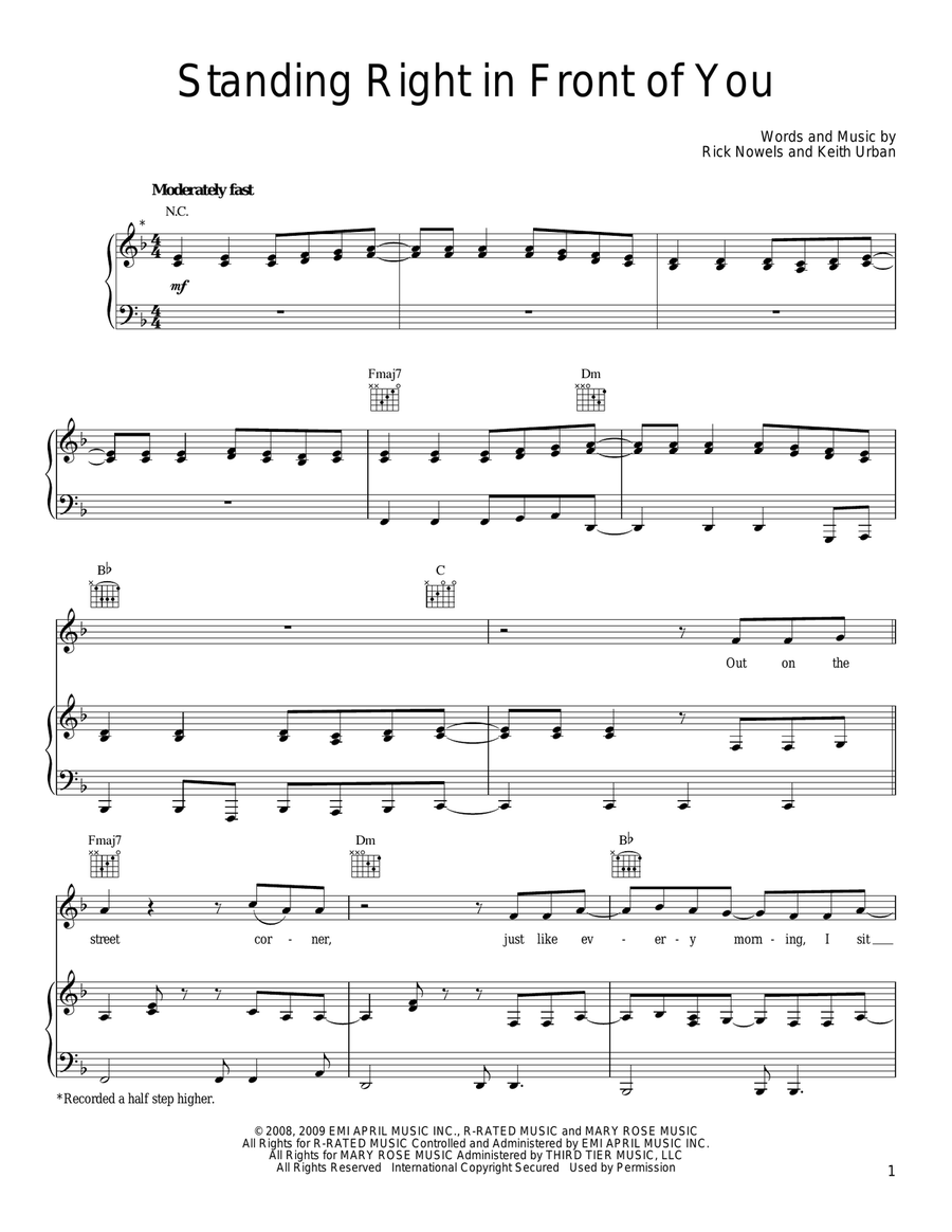 Standing Right In Front Of You Piano, Vocal, Guitar scores gallery preview page 1