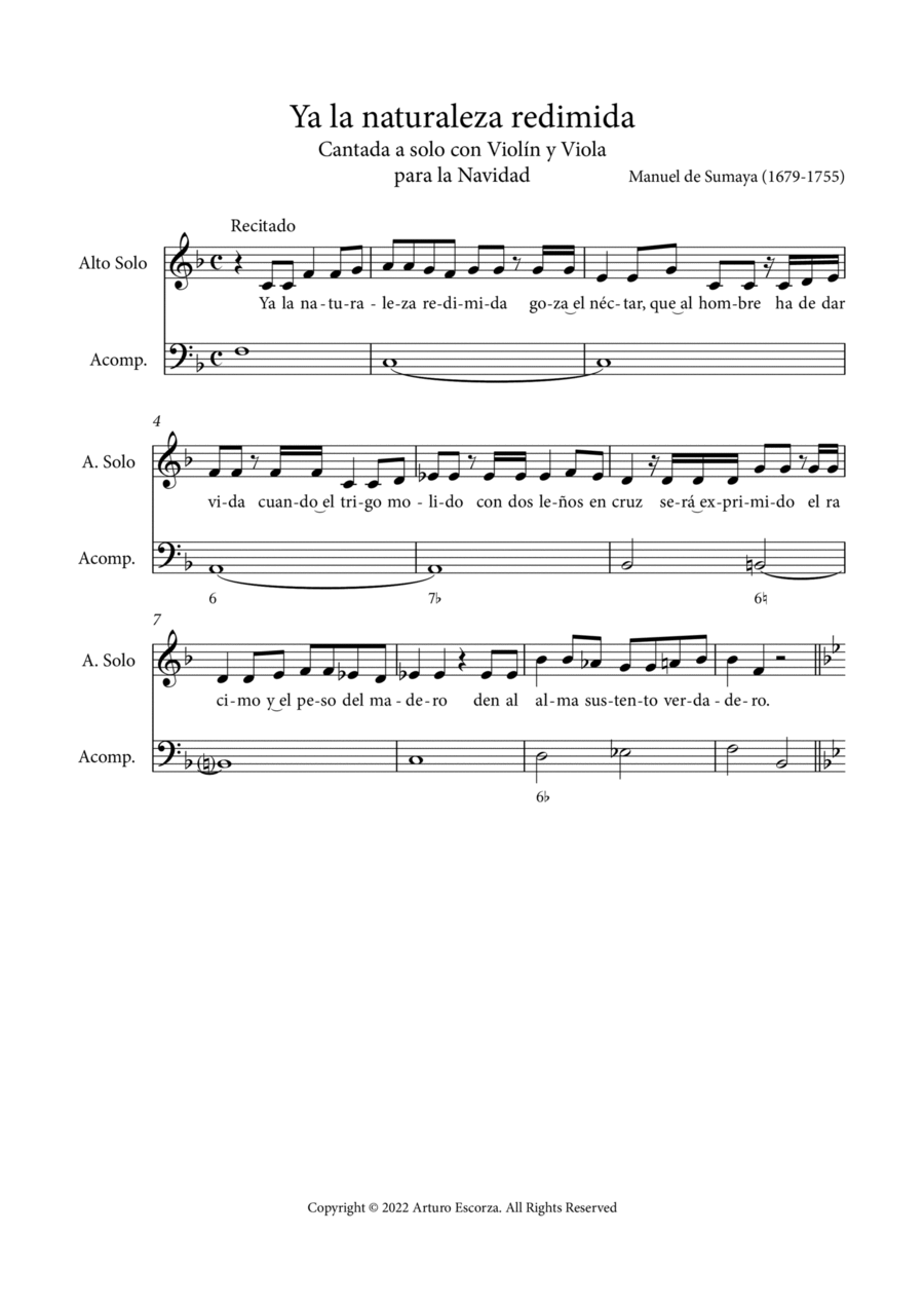 Ya la naturaleza redimida - Cantata a solo con Violin y Viola para la Navidad - Score Only