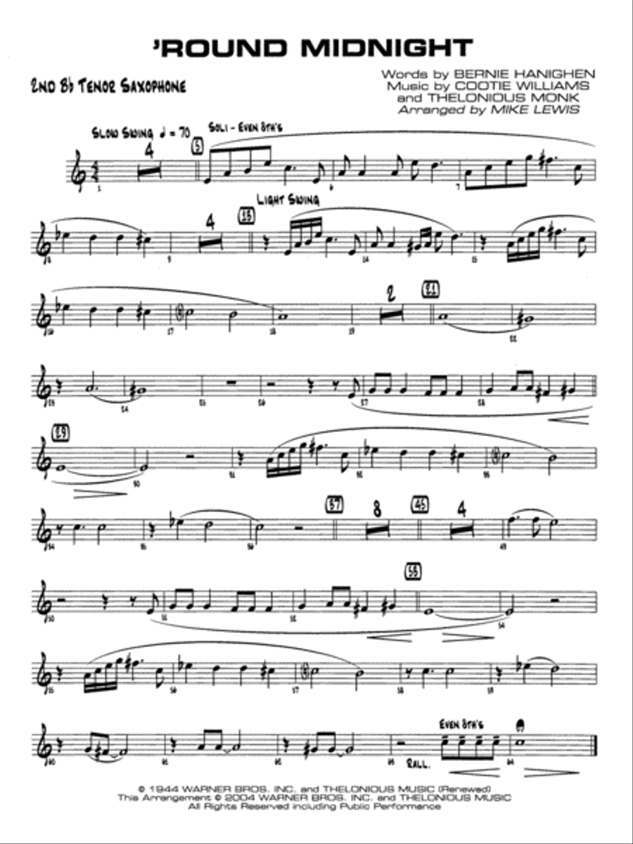 'Round Midnight: 2nd B-flat Tenor Saxophone Jazz Ensemble scores gallery preview page 1