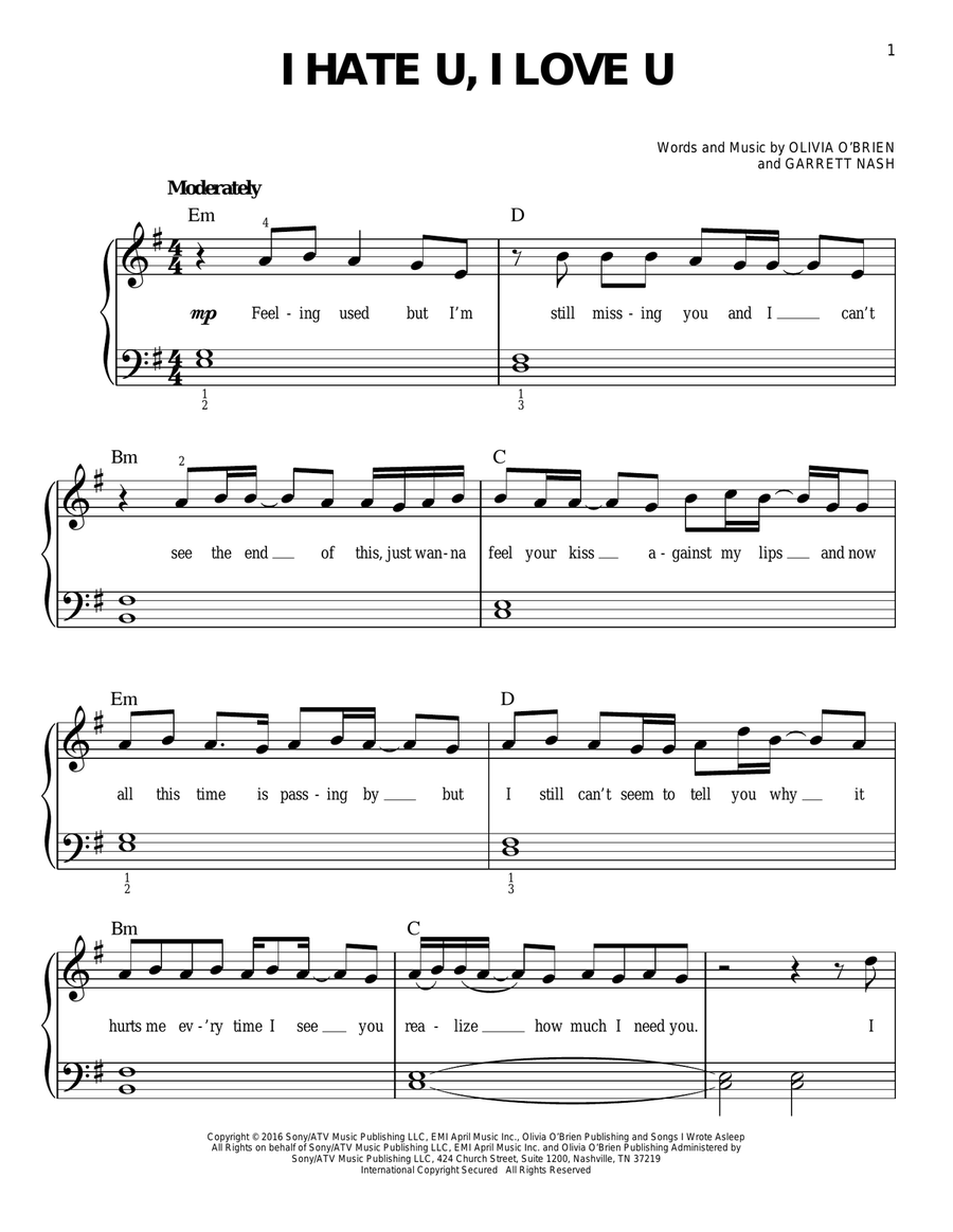 I Hate U, I Love U I Hate U, I Love U Easy Piano scores gallery preview page 1