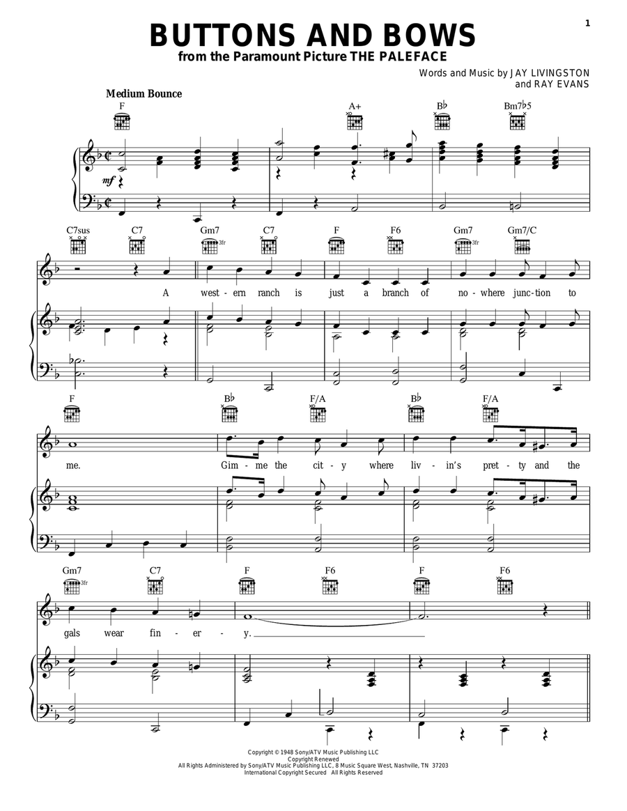 Buttons And Bows Piano, Vocal, Guitar scores gallery preview page 1