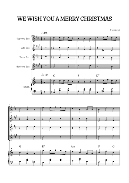 We Wish You a Merry Christmas for Sax Quartet & Piano • easy Christmas sheet music w/ chords image number null