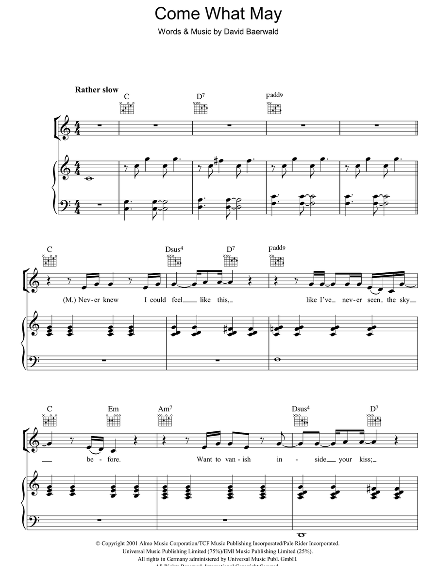 Come What May (from Moulin Rouge) Piano, Vocal, Guitar scores gallery preview page 1