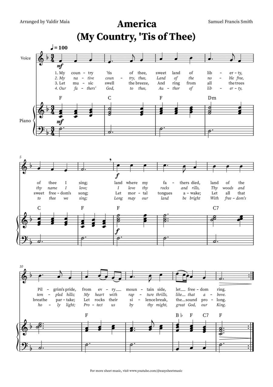 America (My Country, 'Tis of Thee) - Voice and Piano in F (+CHORDS) Voice Solo scores gallery preview page 1