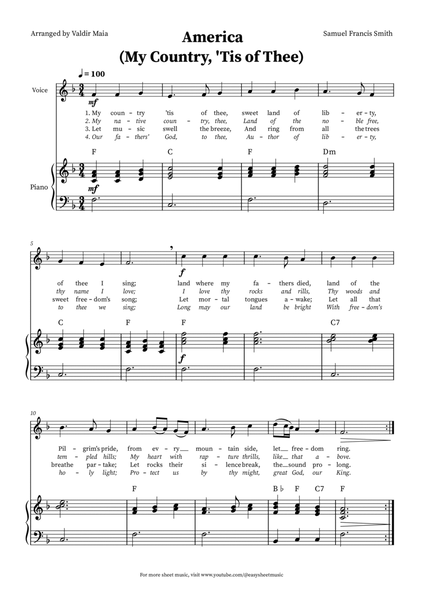 America (My Country, 'Tis of Thee) - Voice and Piano in F (+CHORDS) image number null