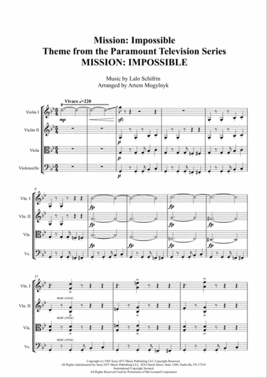 Mission: Impossible Theme from the Paramount Television Series MISSION: IMPOSSIBLE String Quartet scores gallery preview page 2
