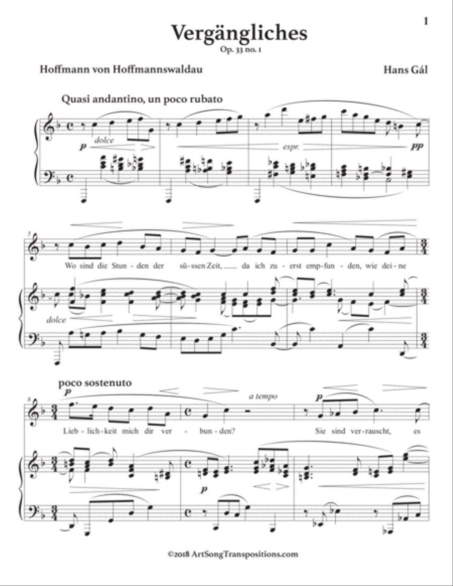 GÁL: Vergängliches, Op. 33 no. 1 (transposed to F major) Voice scores gallery preview page 2