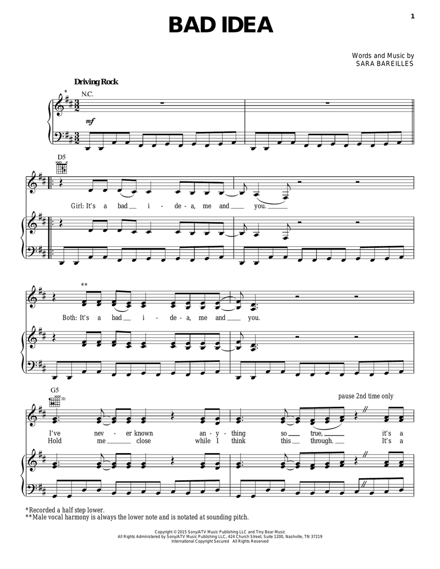 Bad Idea (from Waitress The Musical) Piano, Vocal, Guitar scores gallery preview page 1