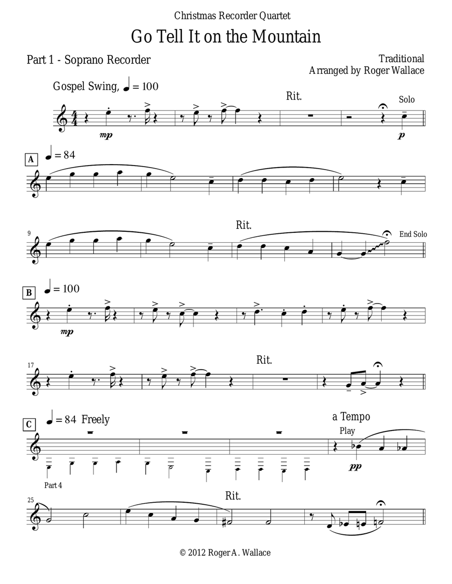 Go Tell It on the Mountain (Recorder Quartet) Soprano Recorder scores gallery preview page 4