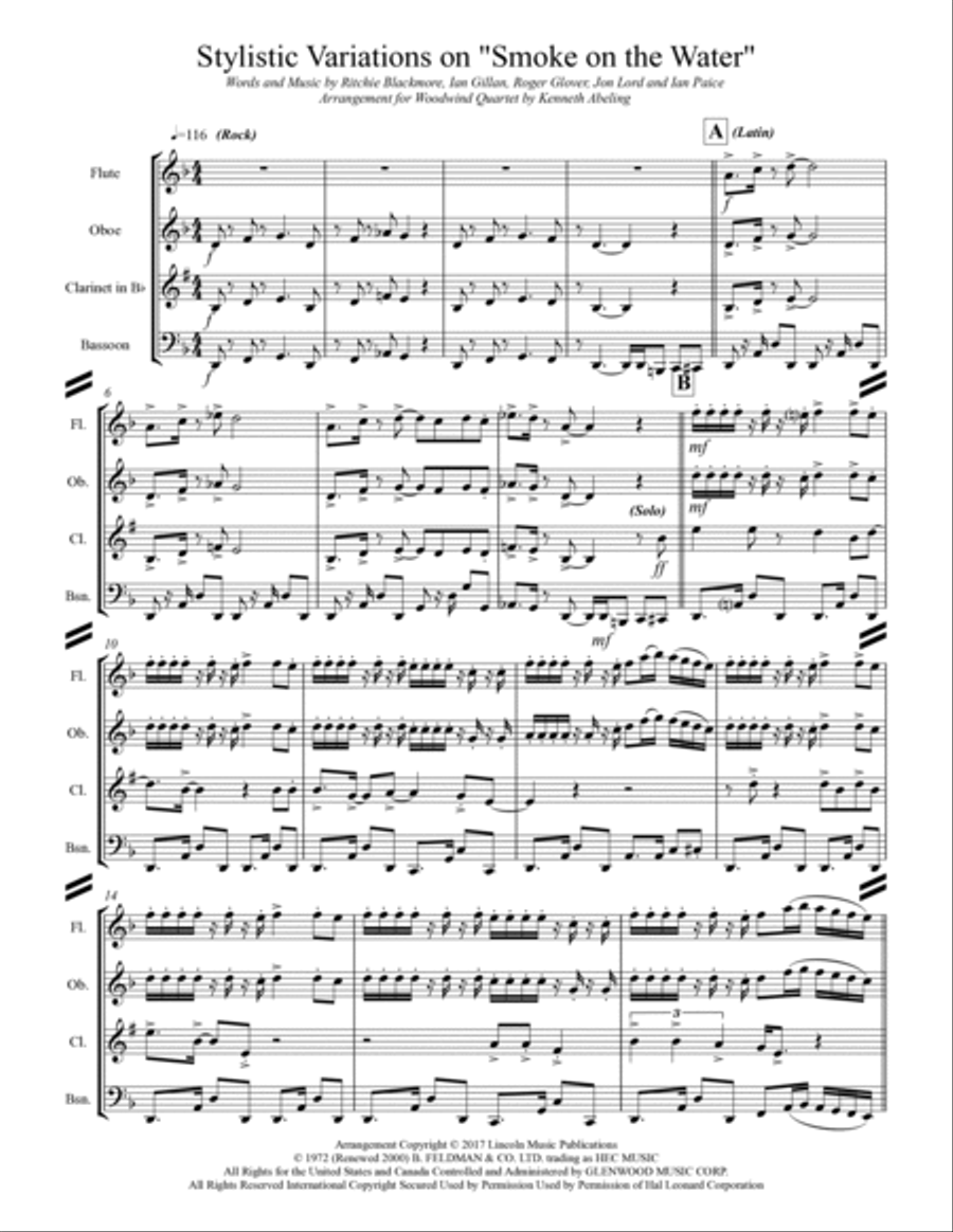 Smoke On The Water Woodwind Quartet scores gallery preview page 2