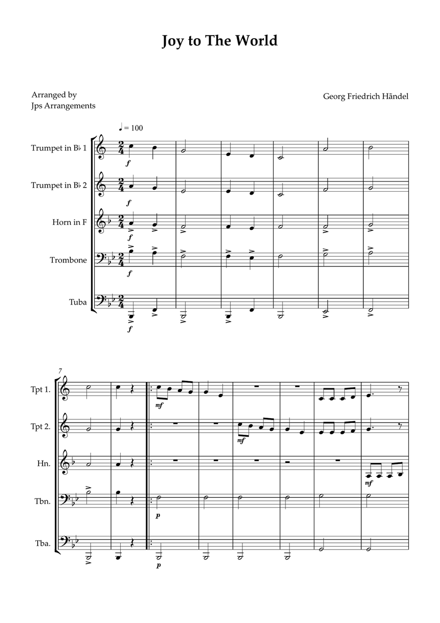 Joy To The World brass quintet easy beginner Brass Quintet scores gallery preview page 1
