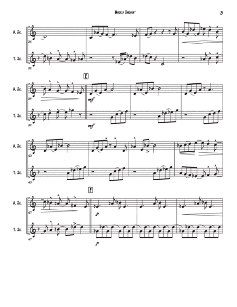 Wholly Smokin' is a jazzy, boppy Alto Sax and Tenor Sax duet based on the whole-tone scale. Woodwind Duet scores gallery preview page 3