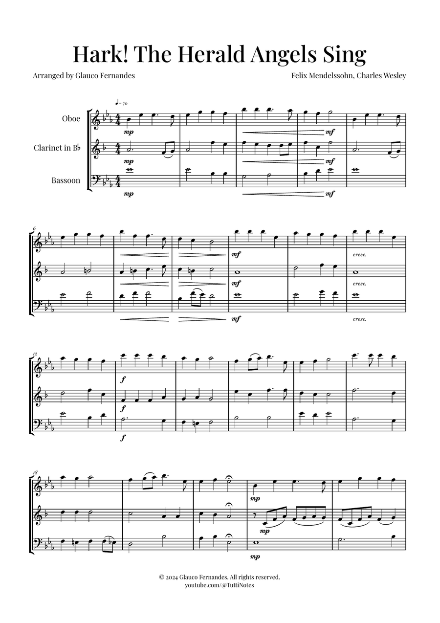 Hark! The Herald Angels Sing Trio Arrangement | Christmas Carol Sheet Music Woodwind Trio scores gallery preview page 1