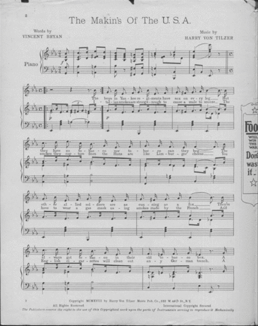 The Makins of the U.S.A. A Plea in Song for Tobacco for the Boys Over There Voice scores gallery preview page 2