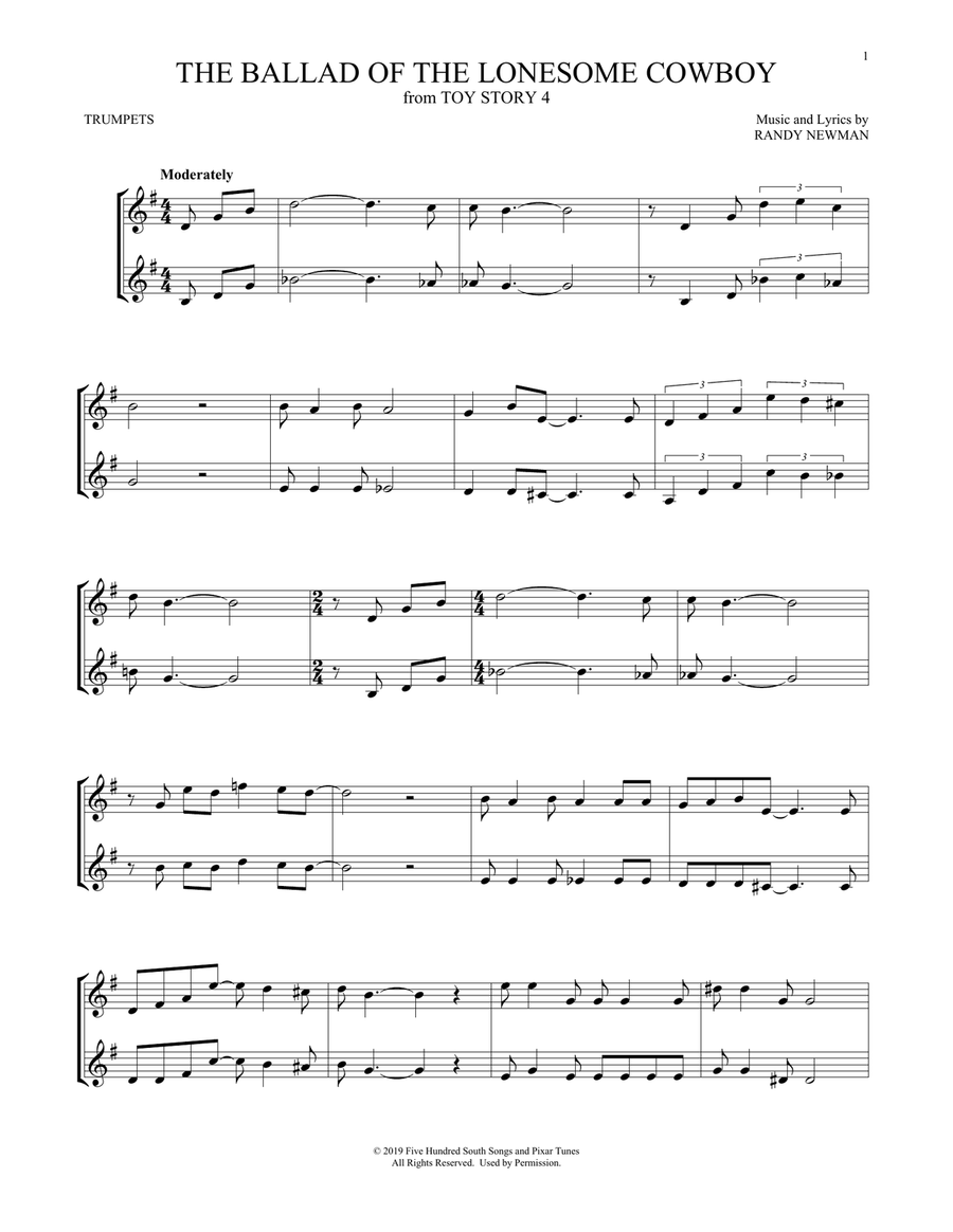The Ballad Of The Lonesome Cowboy (from Toy Story 4) Trumpet Duet scores gallery preview page 1