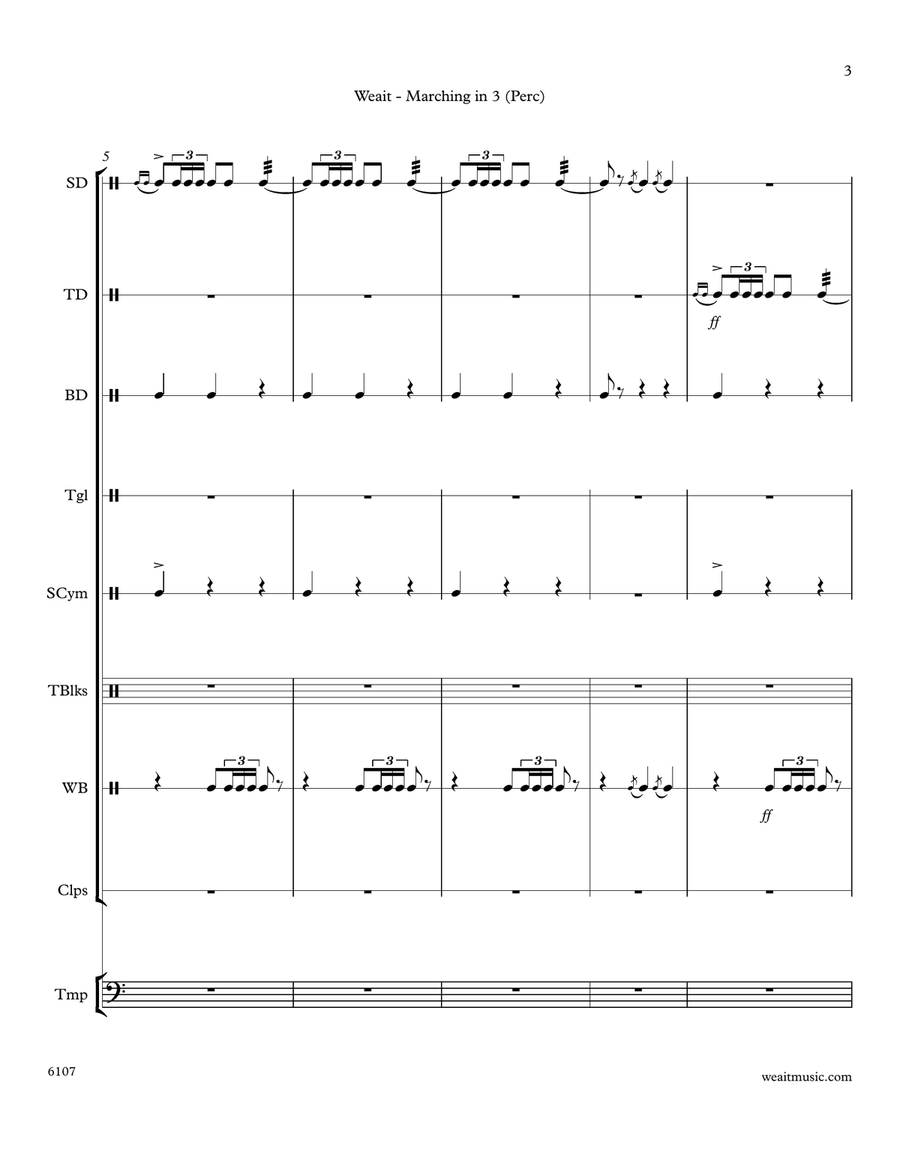 Marching in Three for nine percussion (3’32) Percussion Ensemble scores gallery preview page 3
