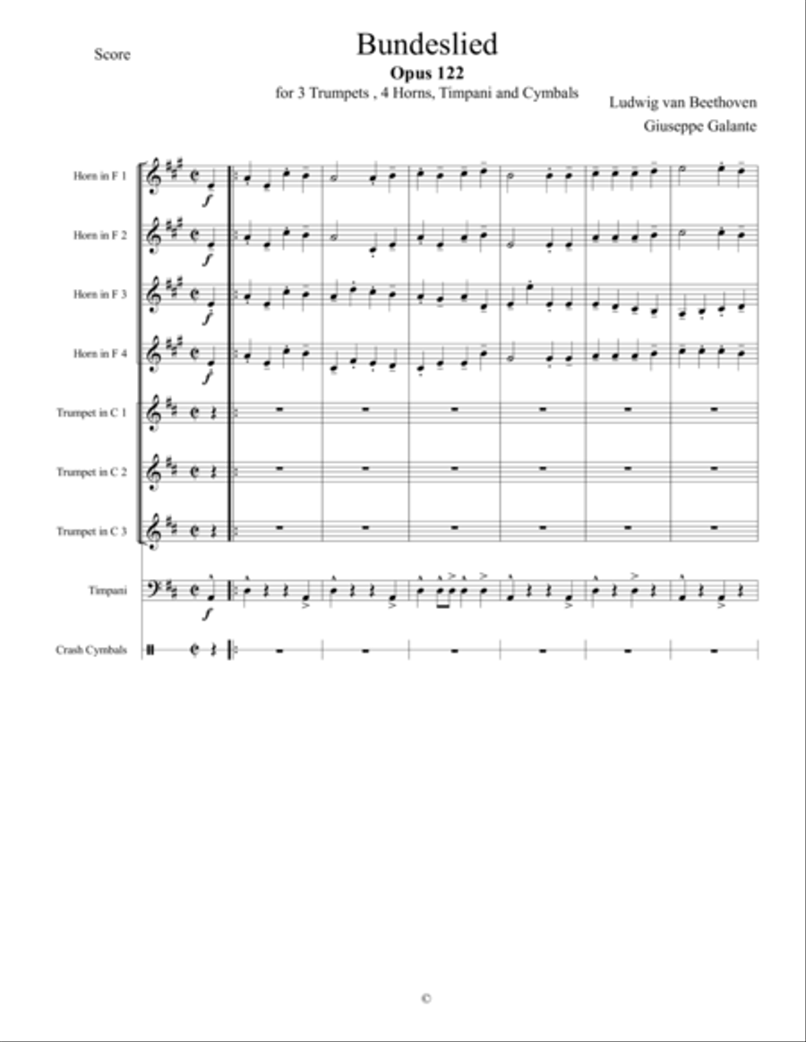 Ludwig van Beethoven: Bundeslied, Opus 122 for 3 Trumpets, 4 Horns and Timpani Small Ensemble scores gallery preview page 3