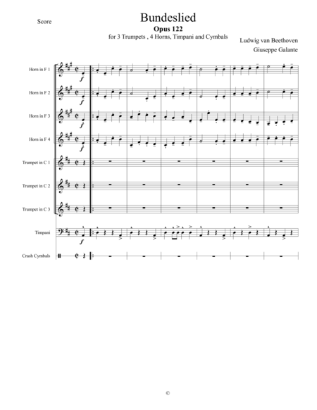 Ludwig van Beethoven: Bundeslied, Opus 122 for 3 Trumpets, 4 Horns and Timpani