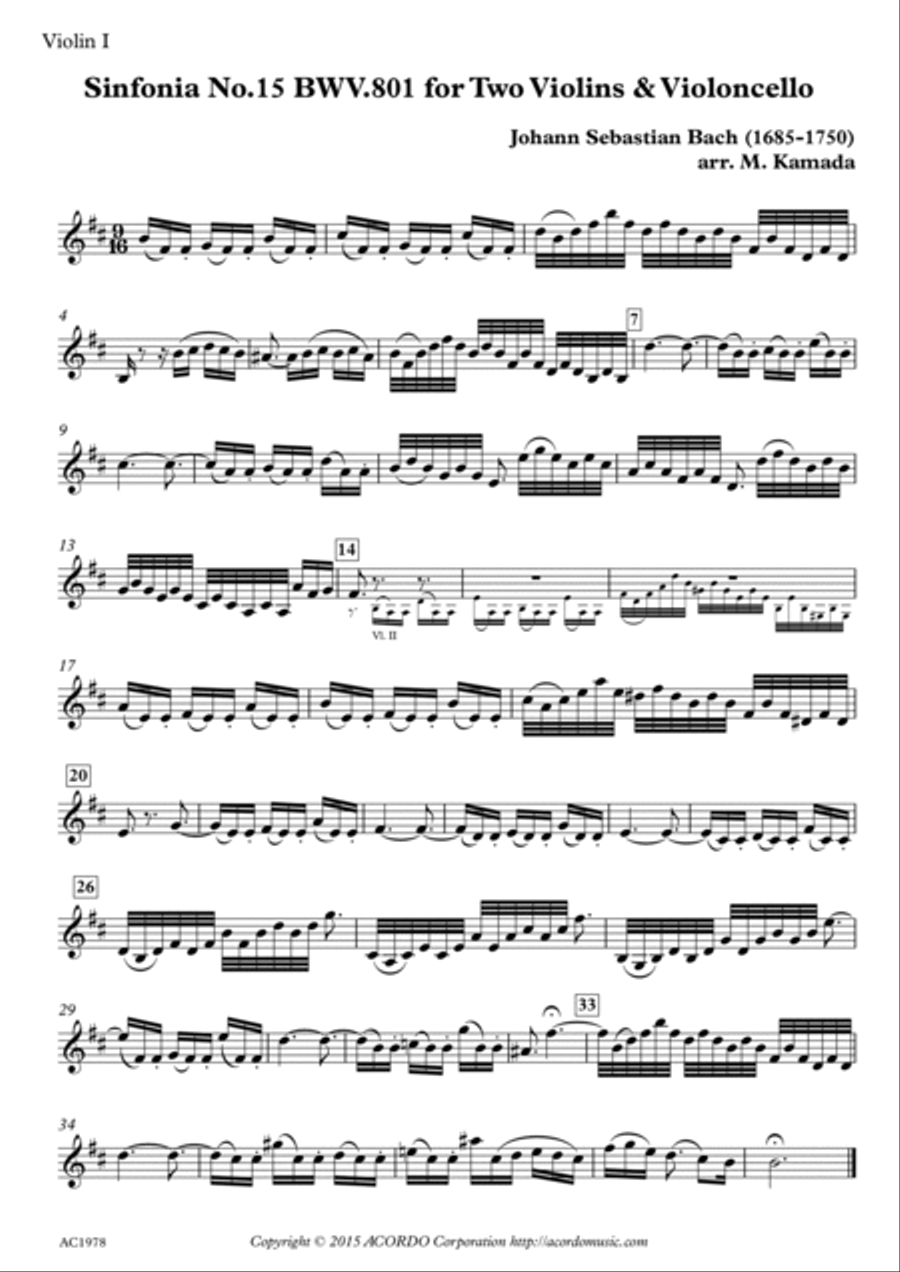 Sinfonia No.15 BWV.801 for Two Violins & Violoncello String Duet scores gallery preview page 3