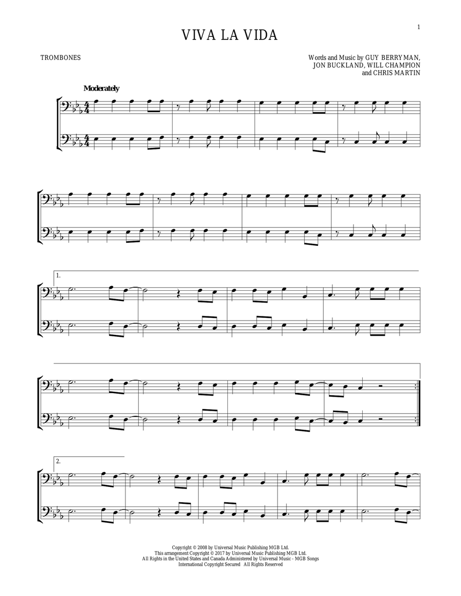 Viva La Vida Viva La Vida Trombone Duet scores gallery preview page 1