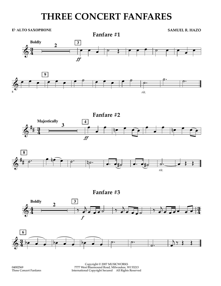 Three Concert Fanfares - Eb Alto Saxophone Concert Band scores gallery preview page 1