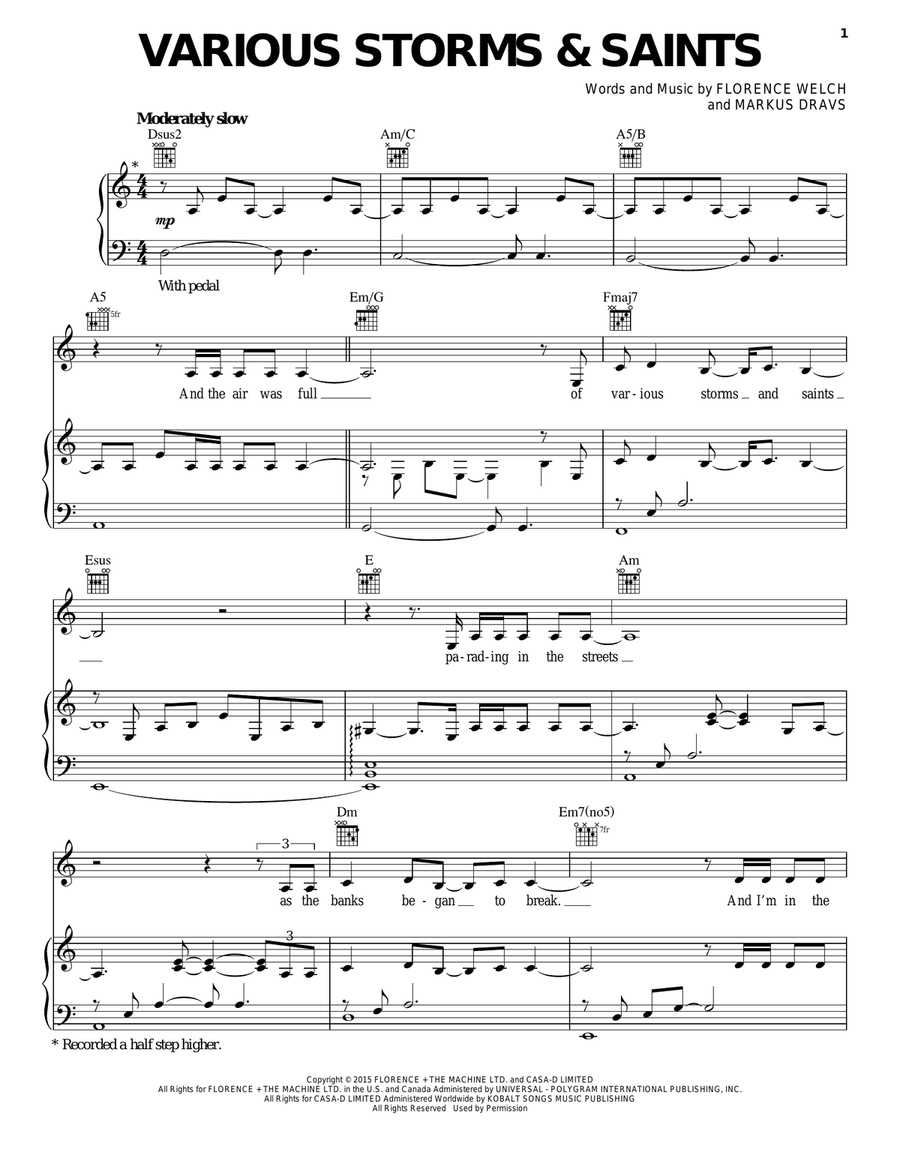 Various Storms And Saints Piano, Vocal, Guitar scores gallery preview page 1