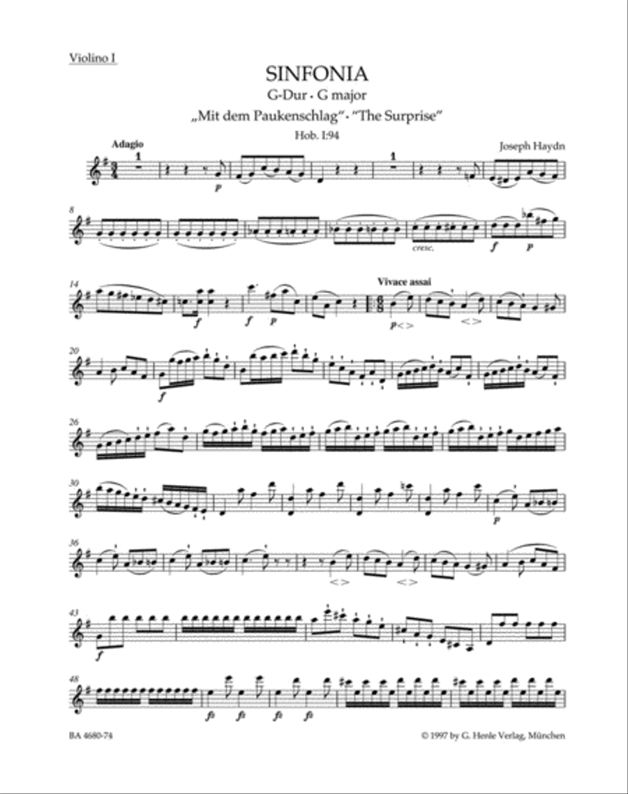 Symphony, No. 94 G major Hob. I:94 'The Surprise' by Franz Joseph Haydn Violin - Sheet Music
