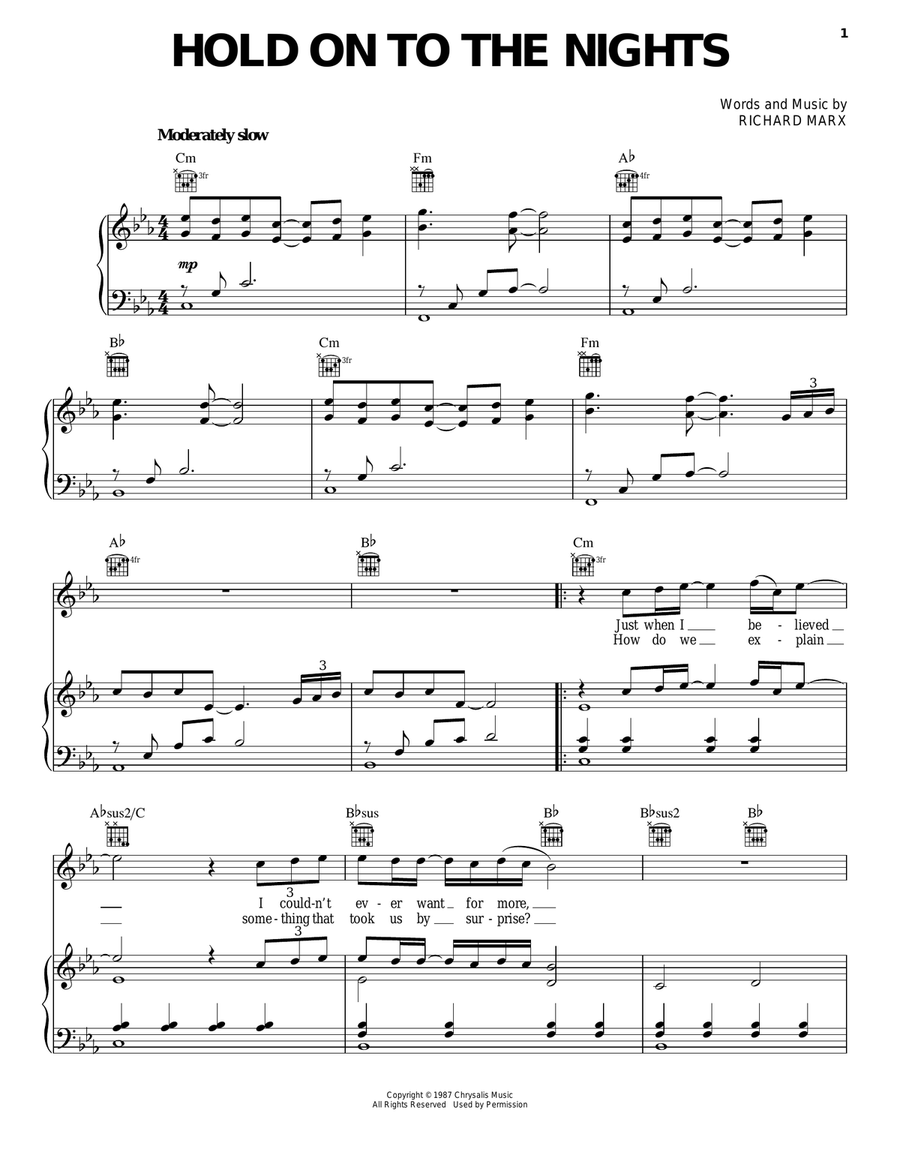 Hold On To The Nights Piano, Vocal, Guitar scores gallery preview page 1