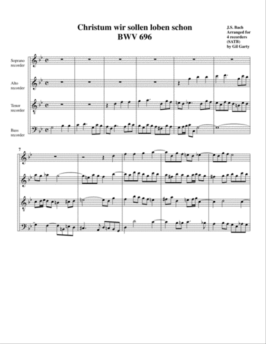 Christum wir sollen loben schon, BWV 696 (arrangement for 4 recorders) Recorder scores gallery preview page 1