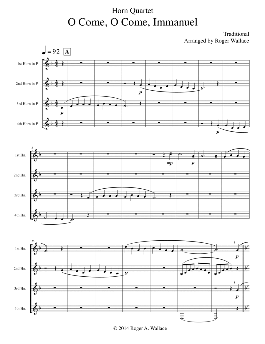 O Come, O Come, Immanuel (Emmanuel) - Horn Quartet Brass Quartet scores gallery preview page 1