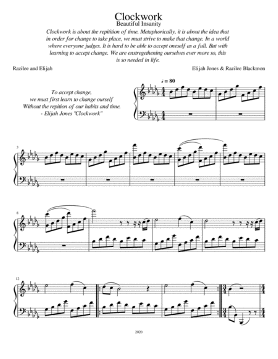Clockwork - Beautiful Insanity (Elijah Jones/ Piano Sheet Music) Piano Solo scores gallery preview page 1