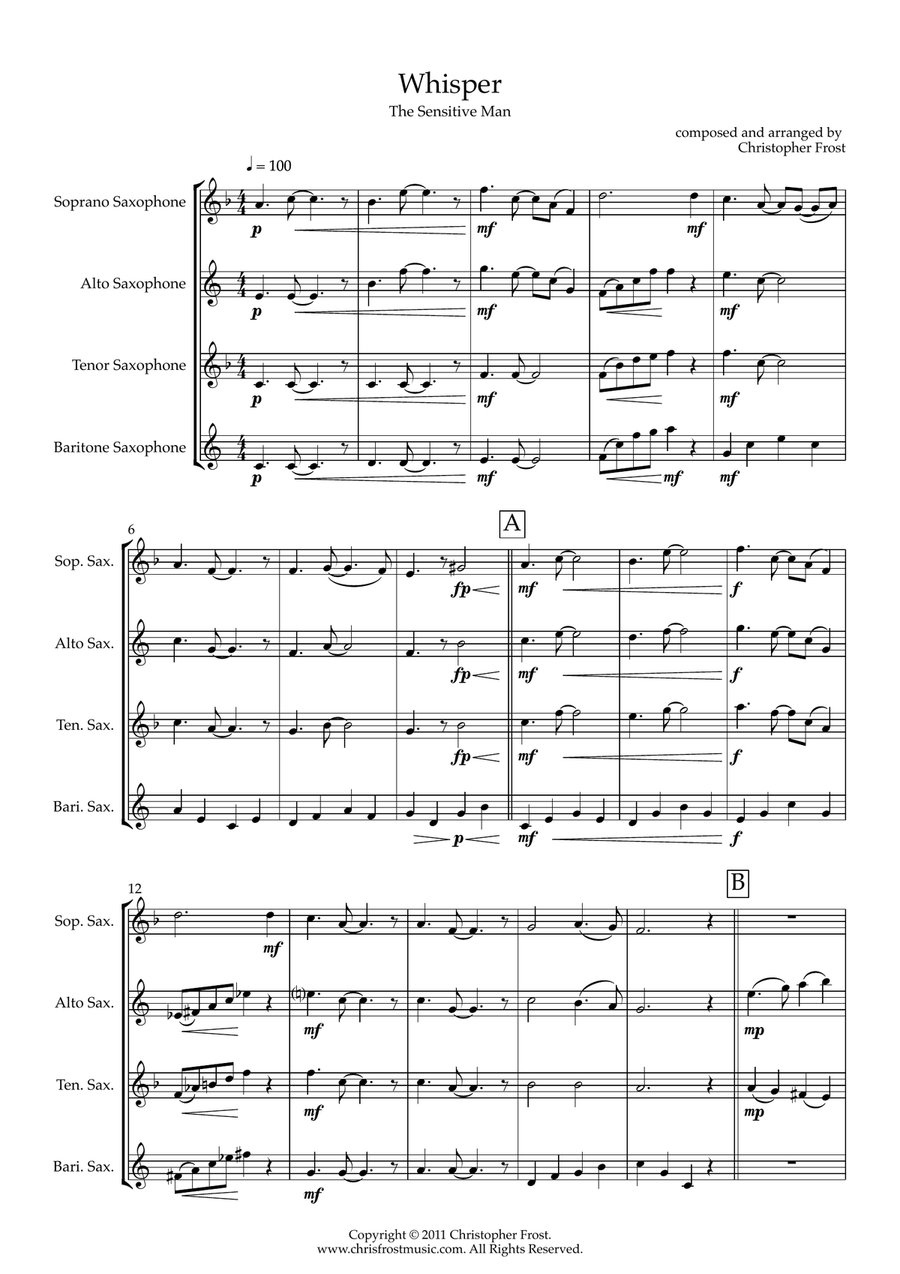 Whisper - The Sensitive Man from The Cat Suite (saxophone quartet - SATB) Saxophone Quartet scores gallery preview page 1