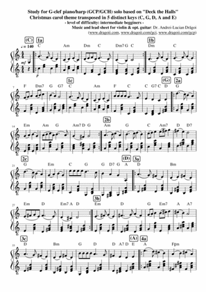 Study for G-clef piano/harp (GCP/GCH) solo based on "Deck the Halls" Christmas carol theme transpose