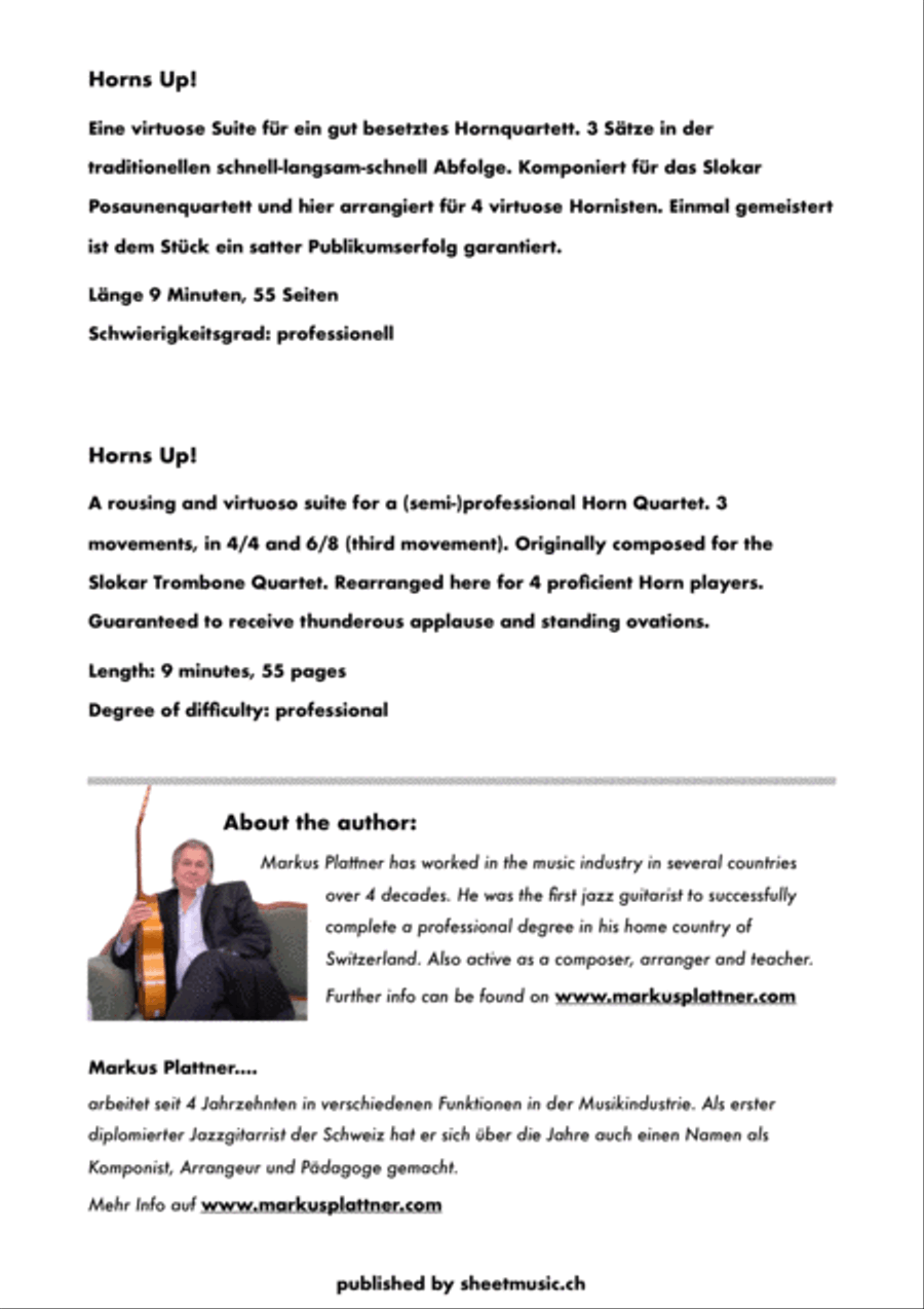 Horns Up! – Jazz Suite in 3 Movements by Markus Plattner – for Horn Quartet French Horn Quartet scores gallery preview page 2