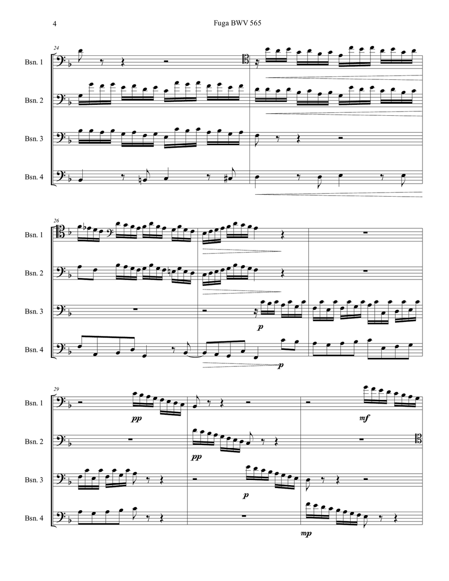 J. S. Bach - Fugue BWV 565 for bassoon quartet Woodwind Quartet scores gallery preview page 5