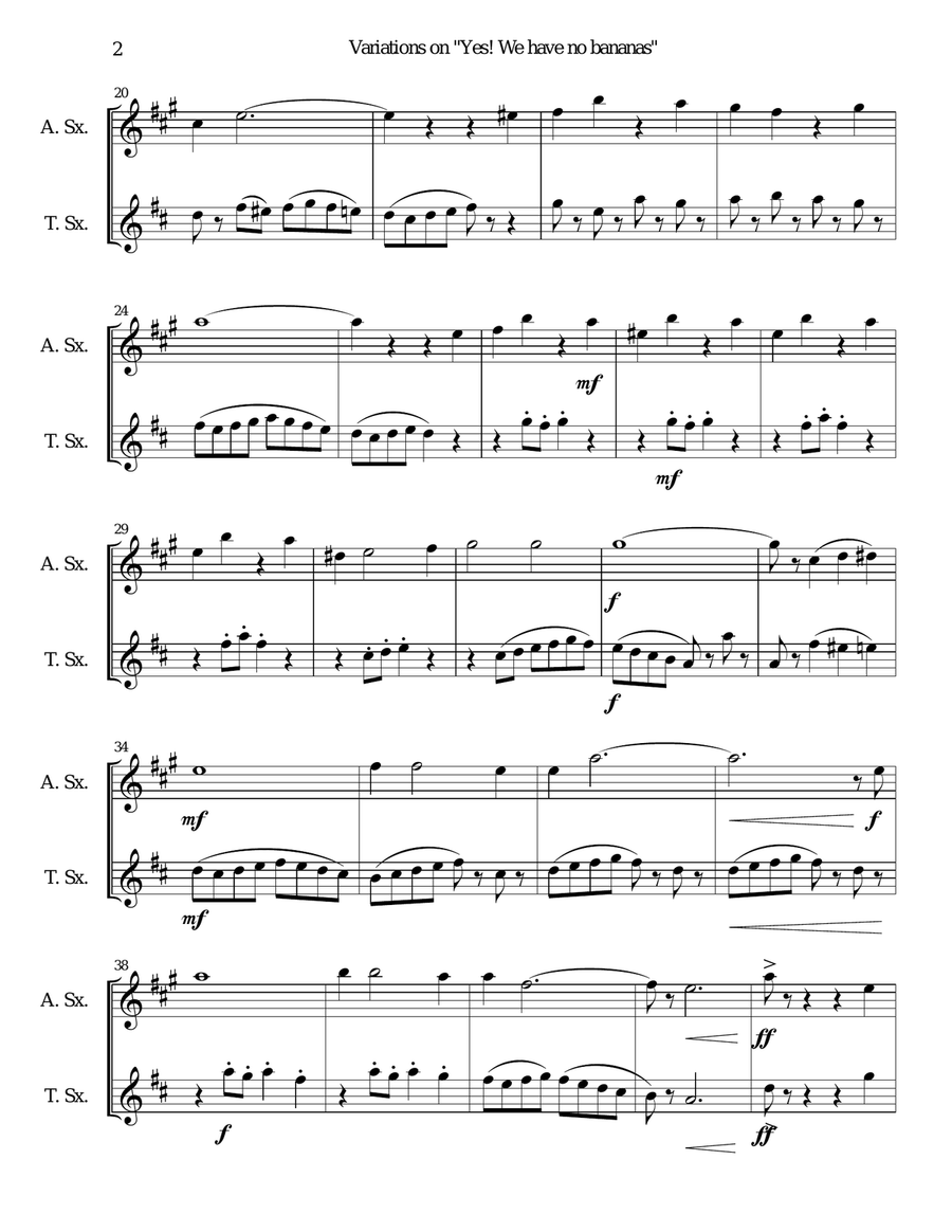 Variations on Yes We Have No Bananas for alto and tenor saxophones Woodwind Duet scores gallery preview page 2