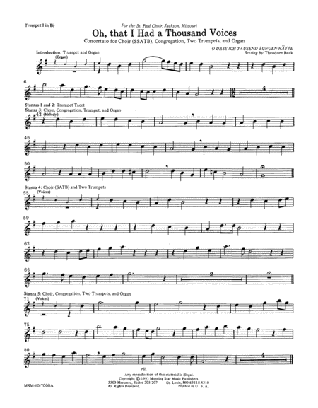 Oh, That I Had a Thousand Voices (Downloadable Trumpet Parts)
