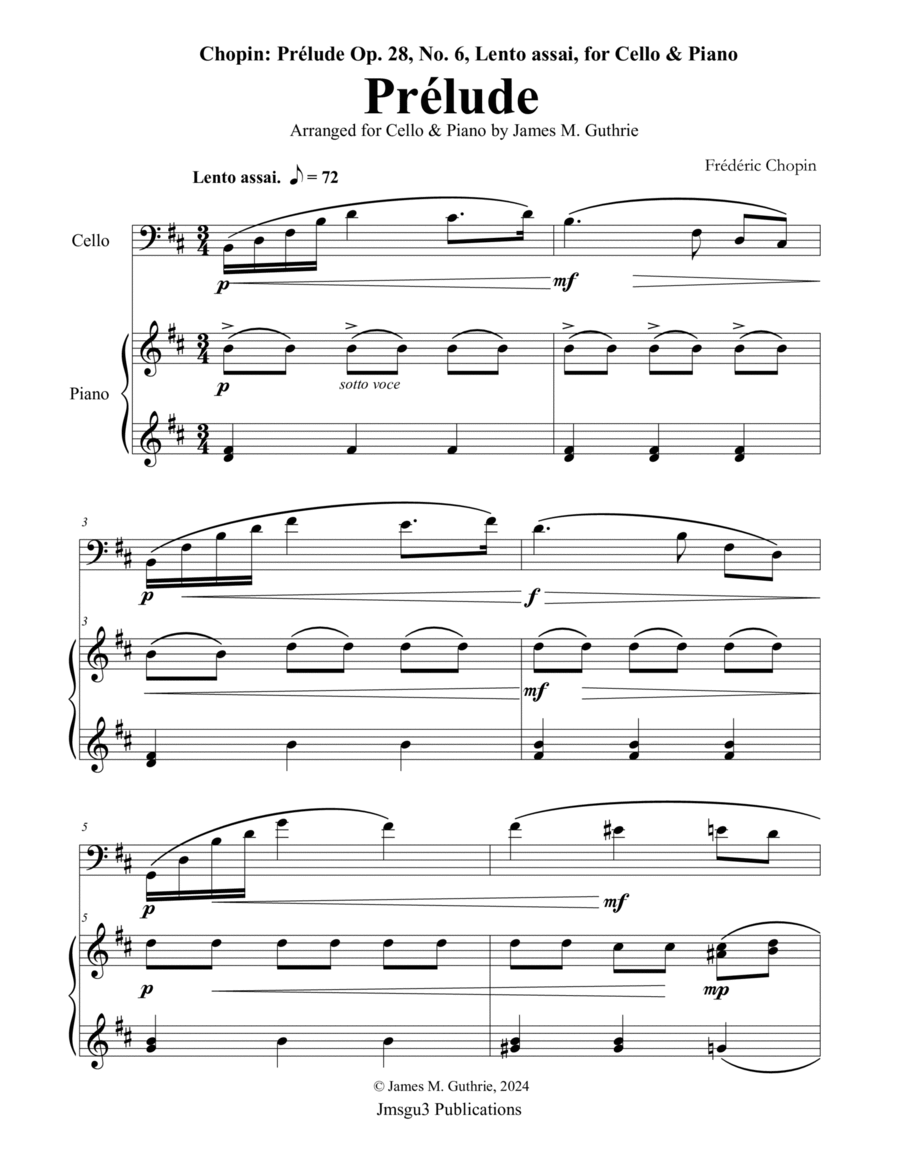 Chopin: Prelude Op. 28 No. 6 for Cello & Piano Chamber Music scores gallery preview page 1