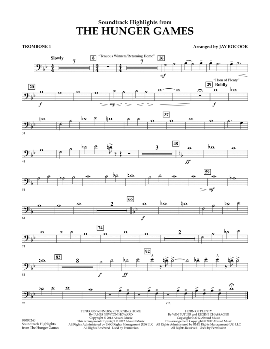 The Hunger Games (Soundtrack Highlights) - Trombone 1 Concert Band scores gallery preview page 1