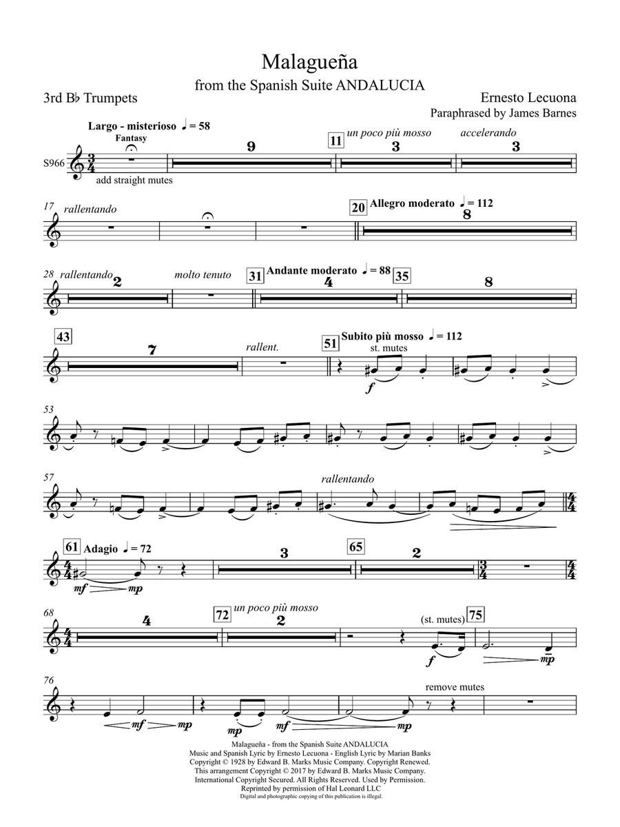 Malagueña (from Andalucia) (arr. James Barnes) - Trumpet 3 Concert Band scores gallery preview page 1