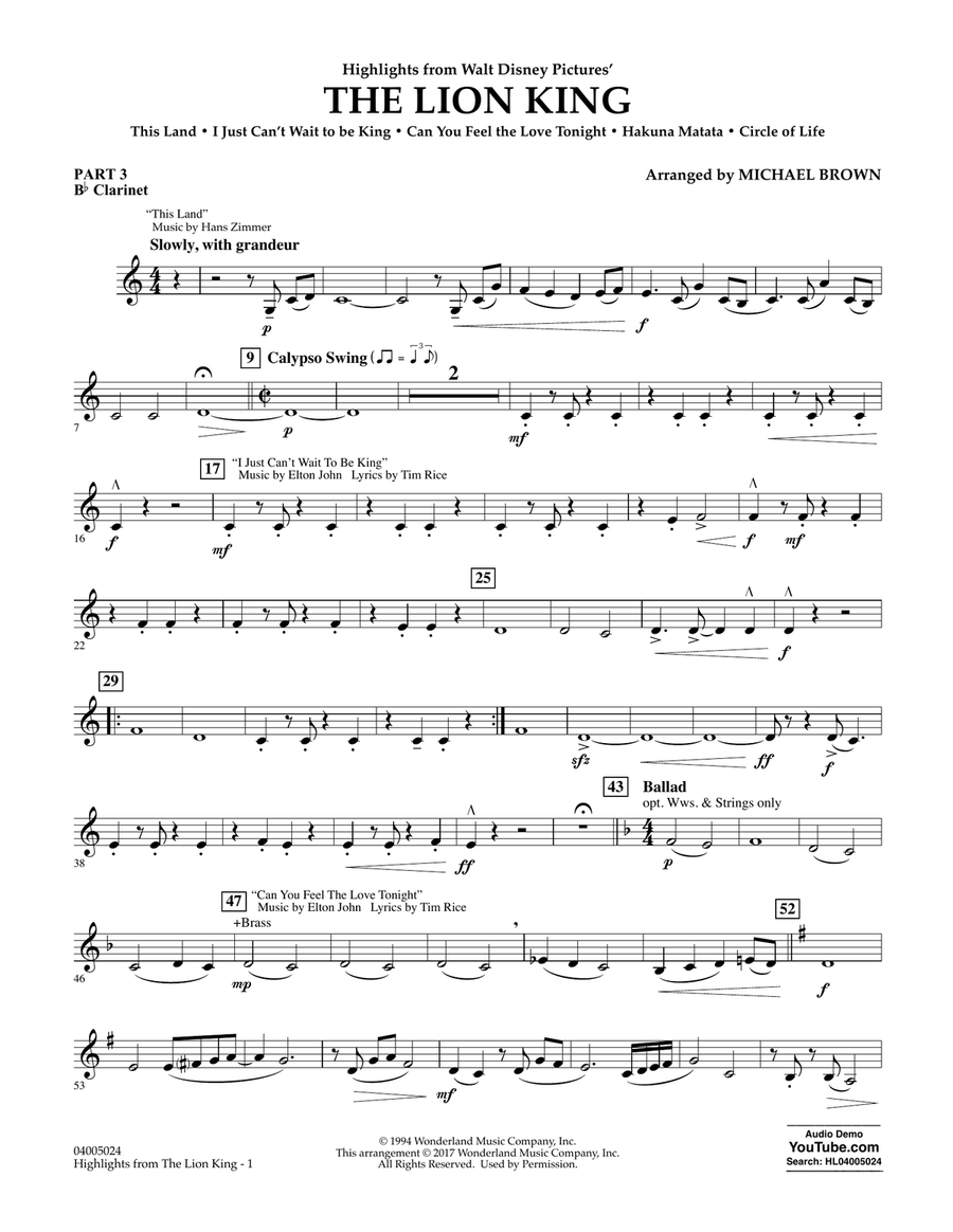 Highlights from The Lion King - Pt.3 - Bb Clarinet