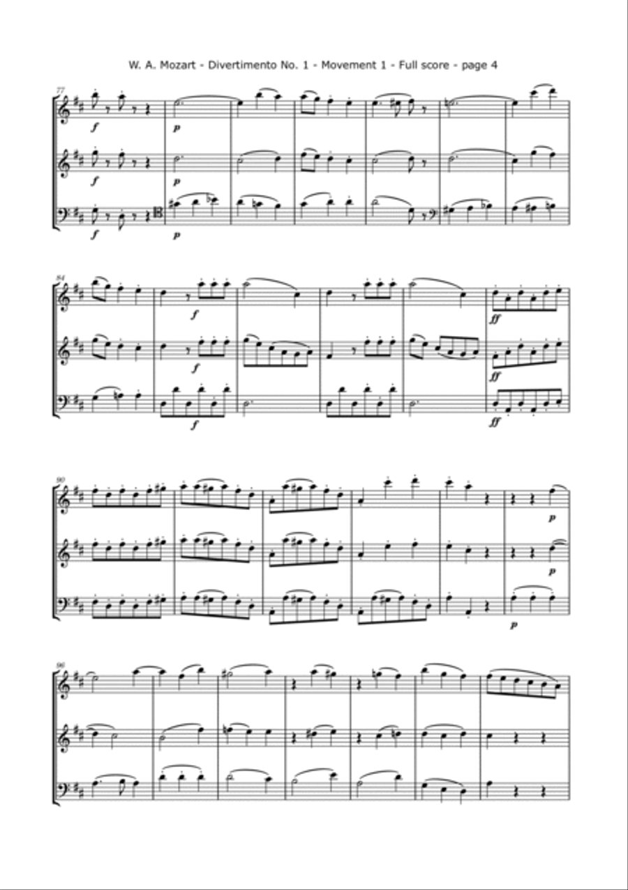 Mozart, W. - Divertimento No. 1 K. 229, Arranged for 2 Violins and Cello String Trio scores gallery preview page 5