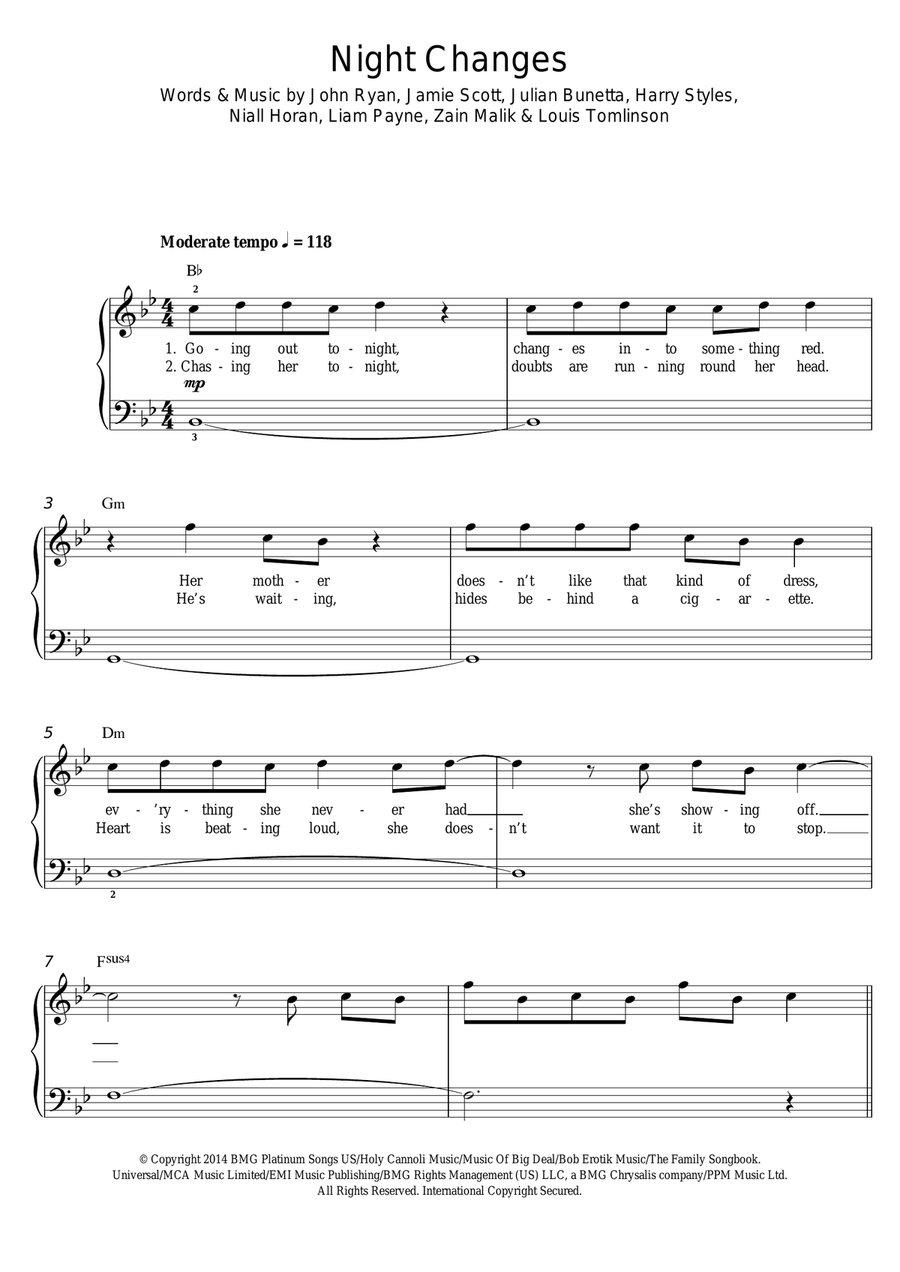 Night Changes by One Direction Easy Piano - Digital Sheet Music