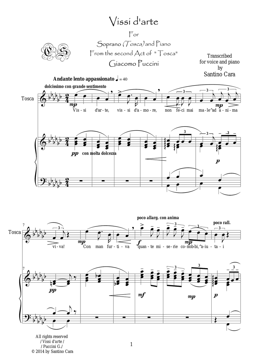 Puccini - Tosca (Act2) Vissi d'arte - Soprano and piano Soprano Voice scores gallery preview page 1