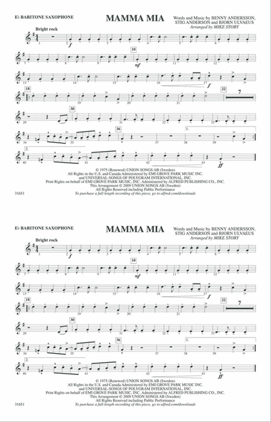 Mamma Mia: E-flat Baritone Saxophone Marching Band scores gallery preview page 1