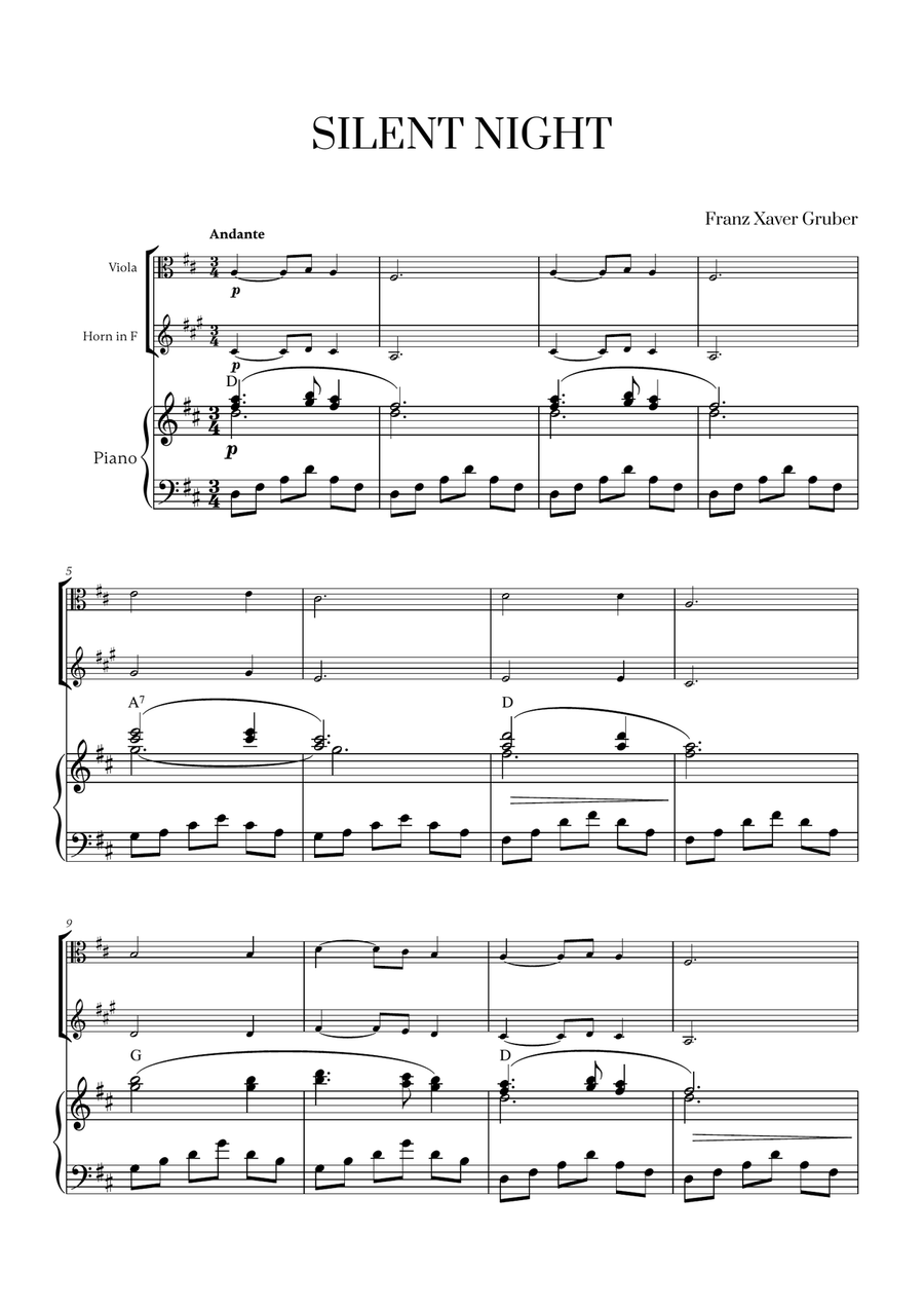 Silent Night (with Chords) (for Viola, French Horn and Piano) Horn scores gallery preview page 1