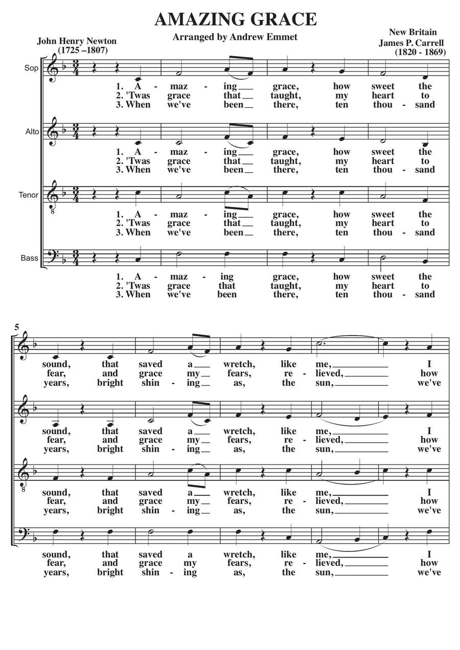 Amazing Grace A Cappella SATB 4-Part scores gallery preview page 1