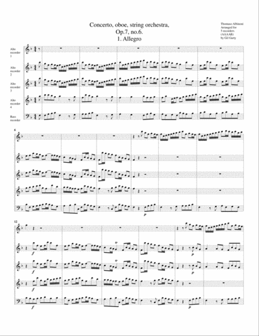 Concerto, oboe, string orchestra, Op.7, no.6 (Arrangement for 5 recorders) String Orchestra scores gallery preview page 2