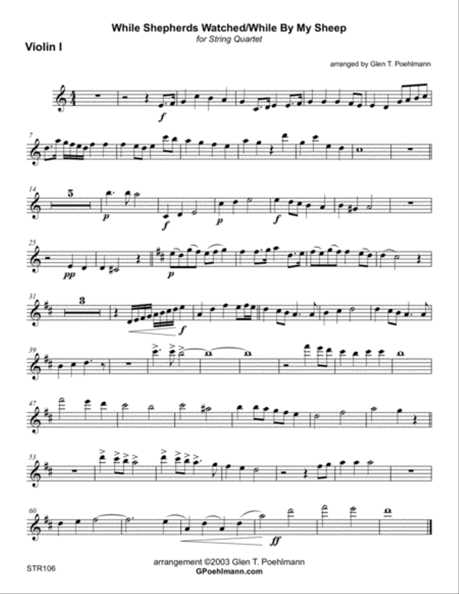 WHILE SHEPHERDS WATCHED/WHILE BY MY SHEEP - unaccompanied STRING QUARTET (or 3 Violins & Cello) String Quartet scores gallery preview page 4
