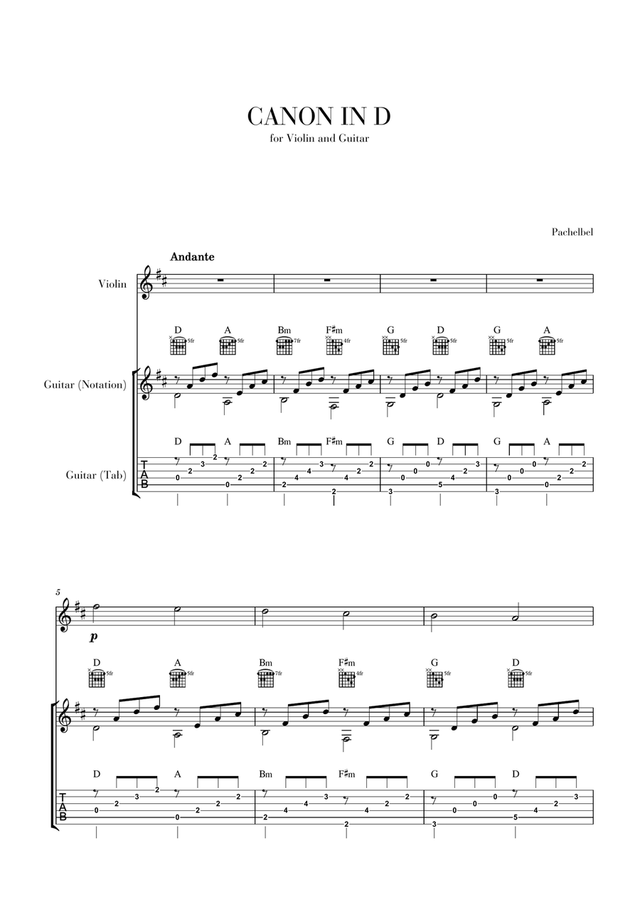 Canon in D for Violin and Guitar (Notation and Tab included) String Duet scores gallery preview page 1